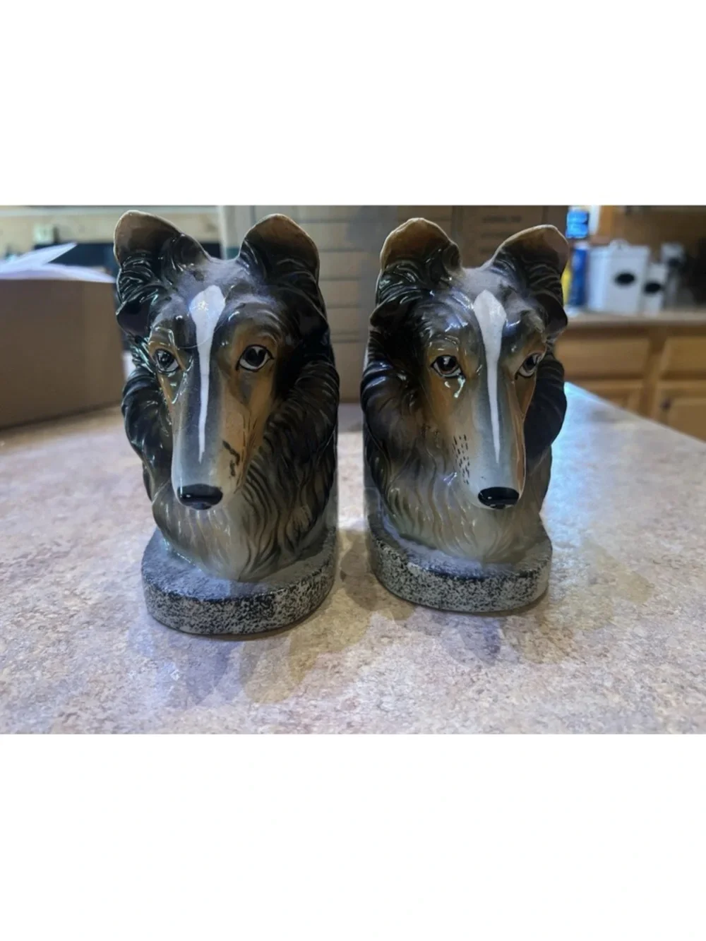 Vintage Collie Dog Head Bookends - Pair in Brown and Cream-no chips cracks EUC - Picture 11 of 13